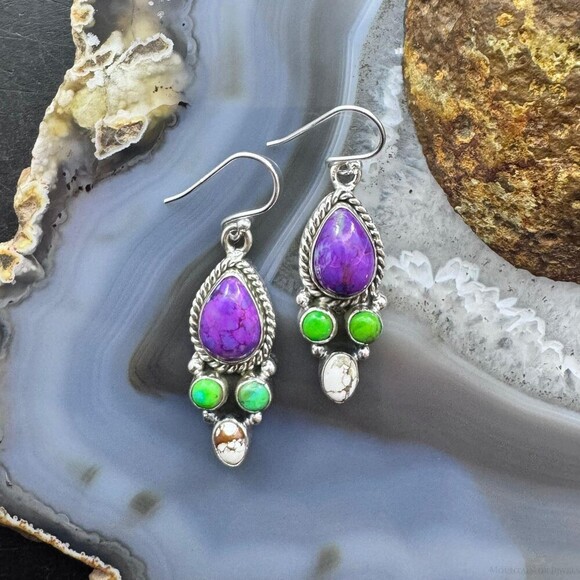 Sterling Southwestern Style Multistone Cluster Dangle Earrings For Women #2 - Picture 2 of 10